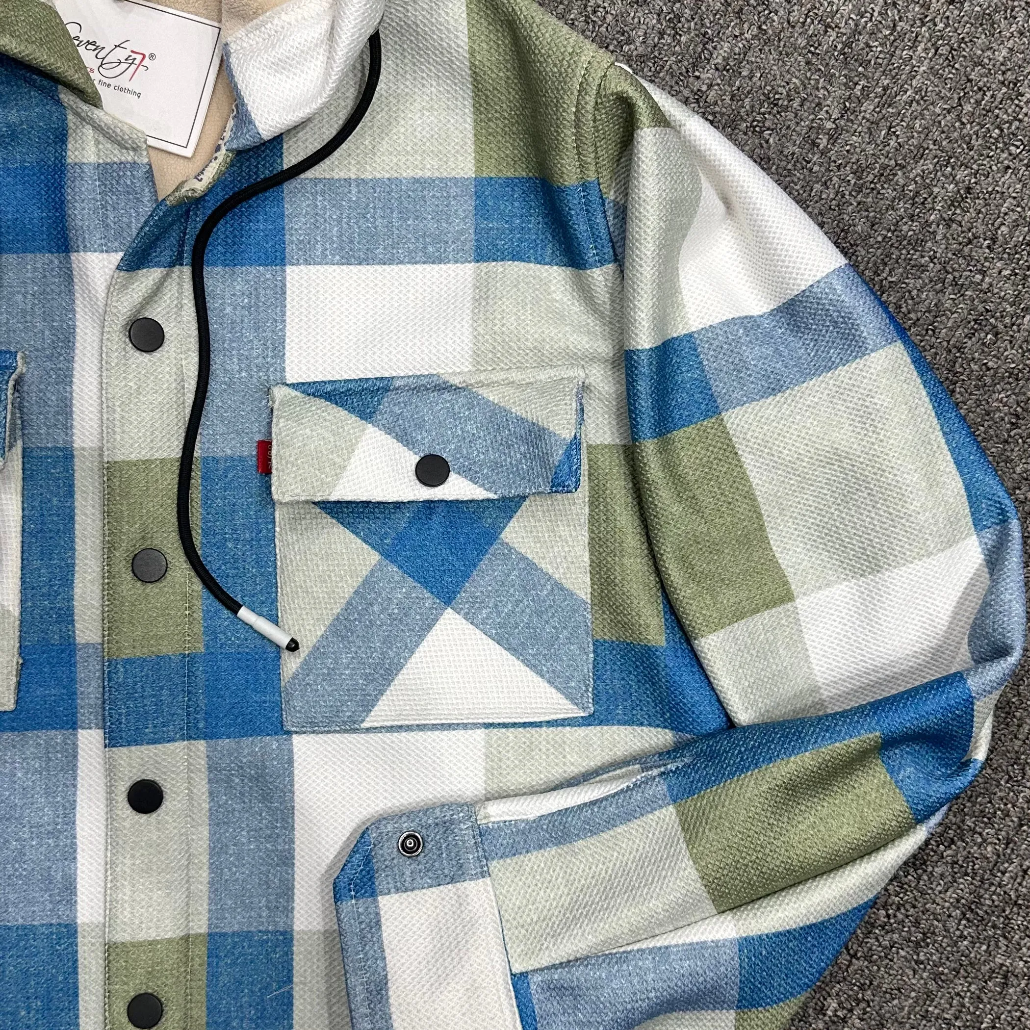 Green Hoodie with Blue & White Checked Fabric Sherpa Bonding Shacket