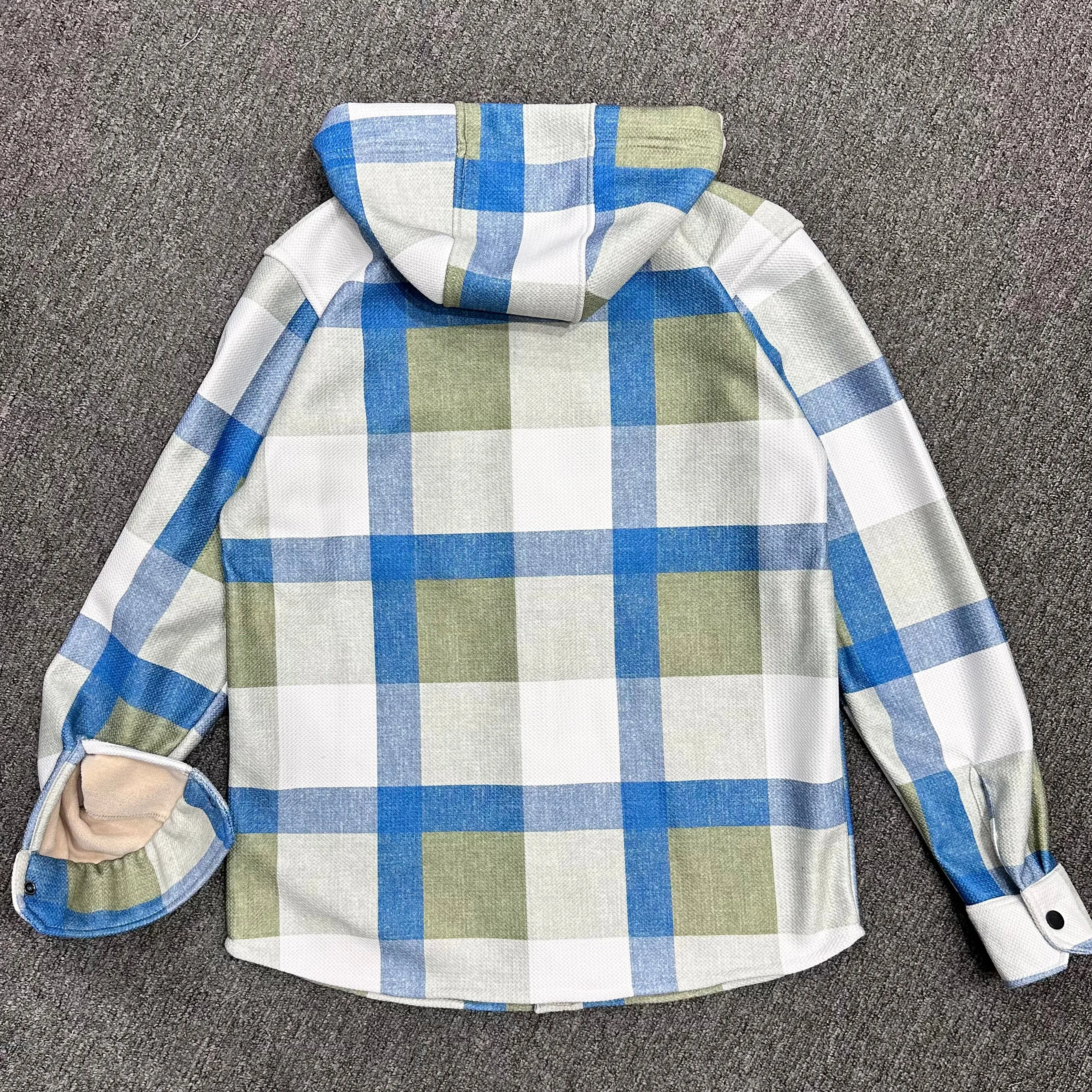 Green Hoodie with Blue & White Checked Fabric Sherpa Bonding Shacket