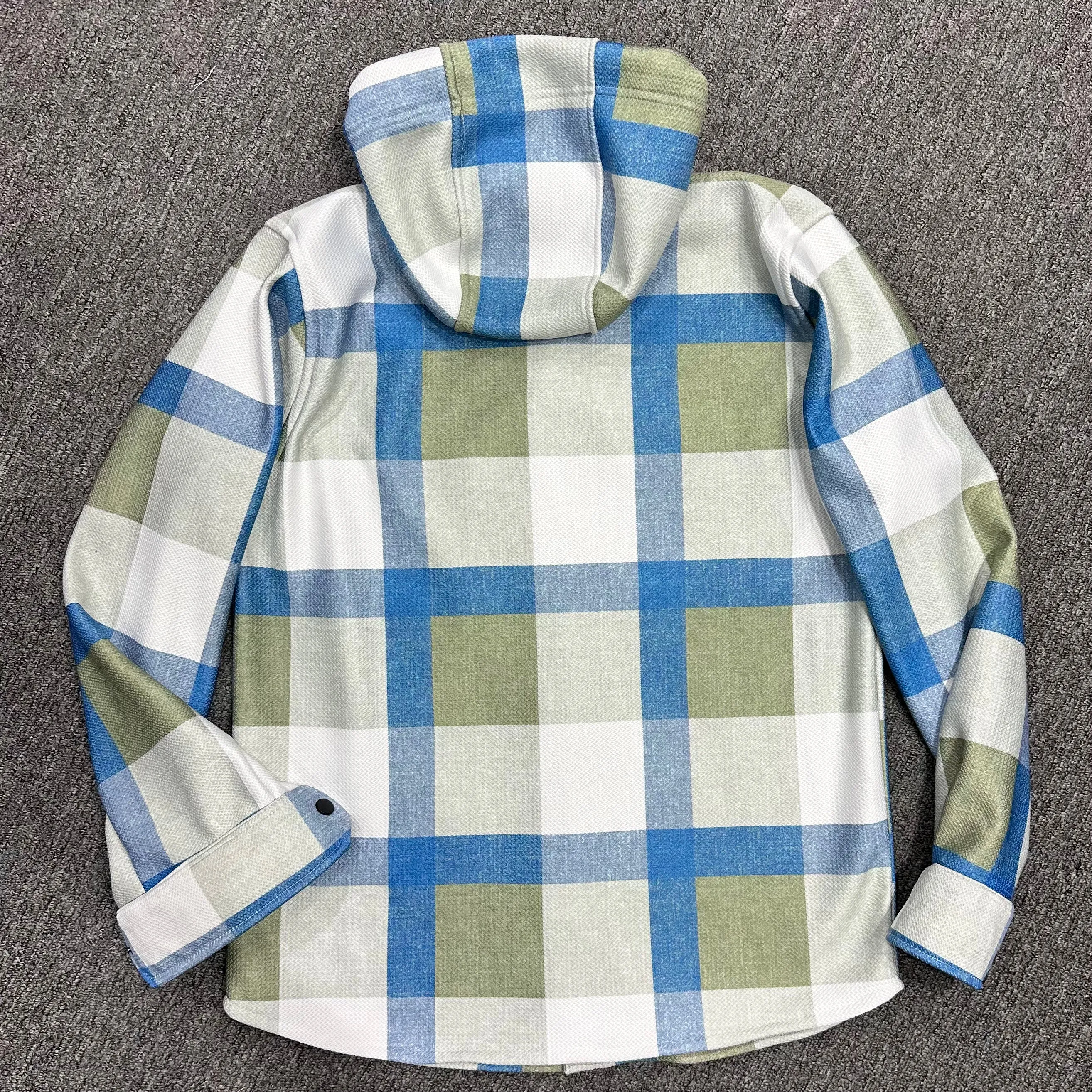 Green Hoodie with Blue & White Checked Fabric Sherpa Bonding Shacket