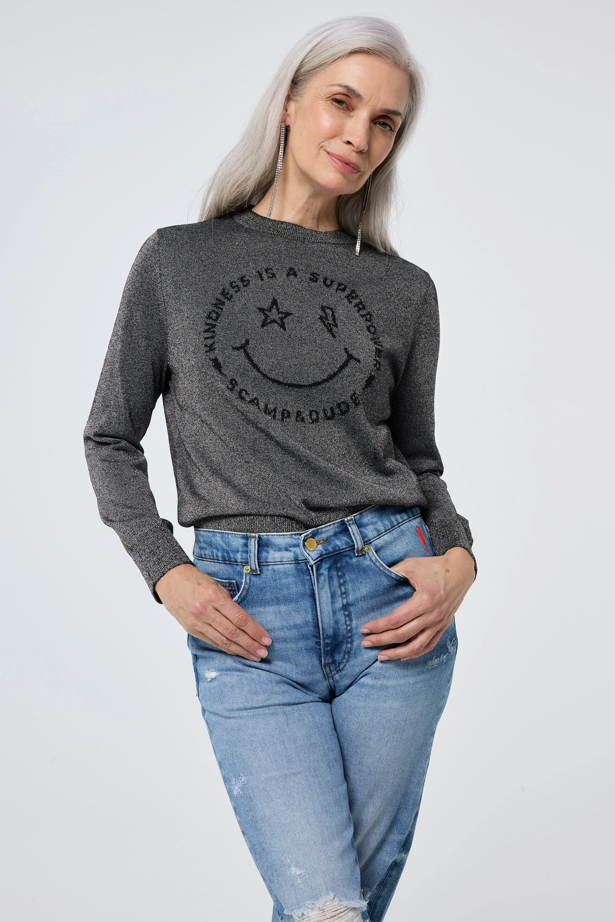 Grey with Black Smiley Face Lurex Knit Jumper