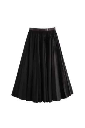 'Hailey' Leather-Paneled Black Pleated Skirt