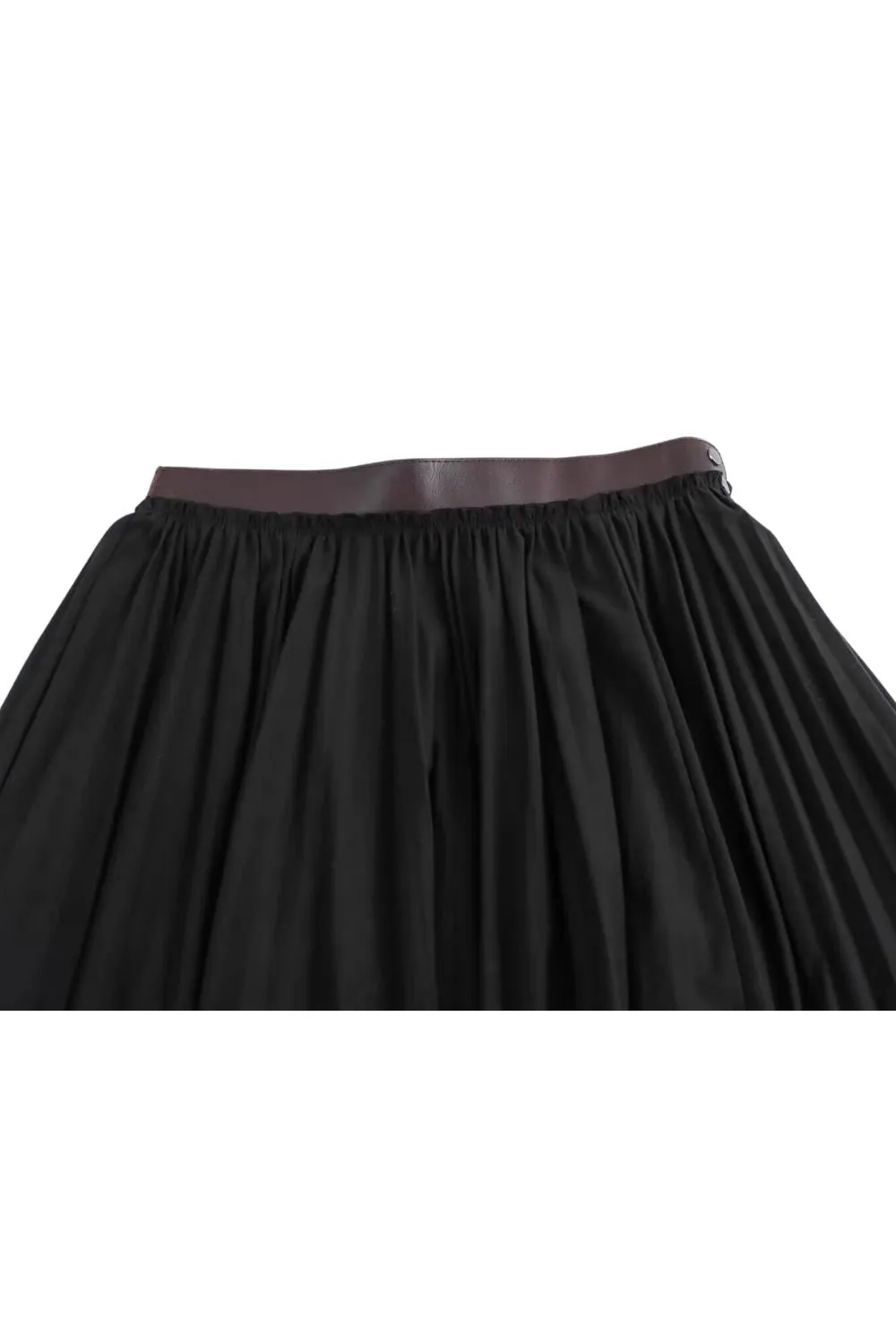 'Hailey' Leather-Paneled Black Pleated Skirt