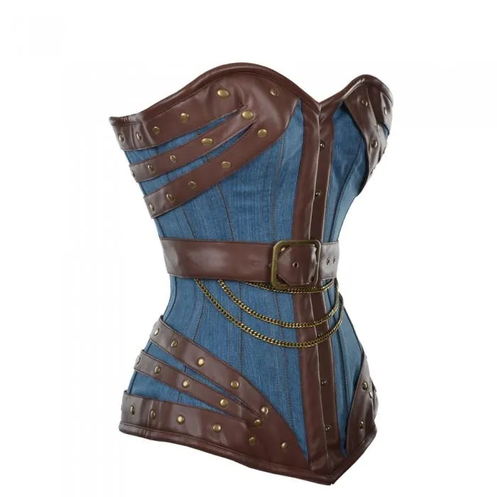 Harnock Denim Overbust Corset With Brown Faux Leather Buckle Detail