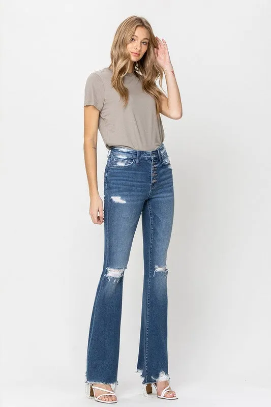 HIGH RISE DISTRESSED RAW HEM FLARE