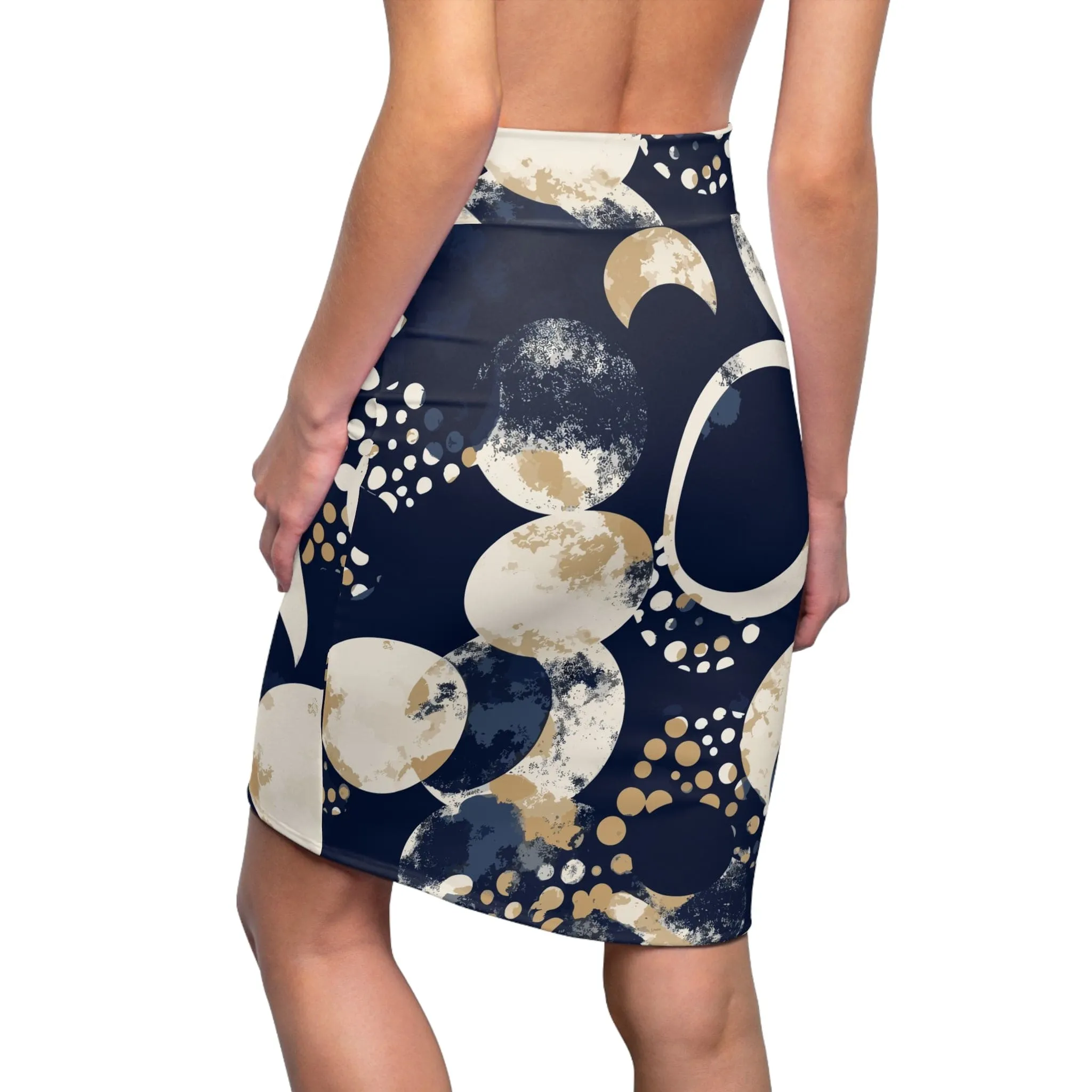 High Waist Womens Pencil Skirt - Contour Stretch - Navy Blue and Beige Spotted Illustration