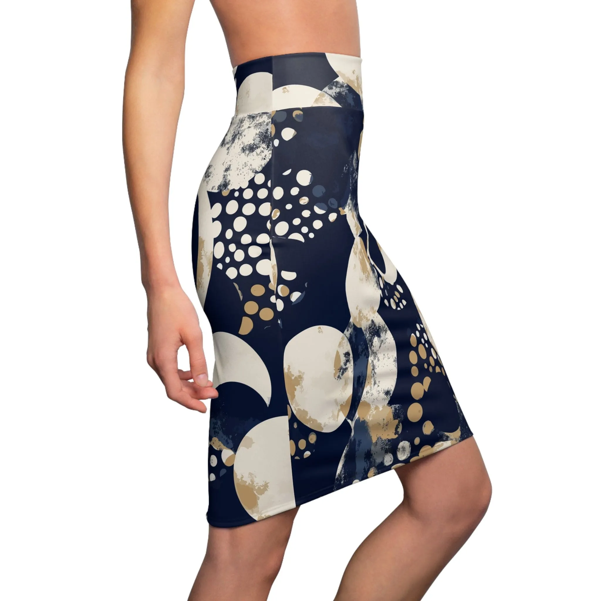 High Waist Womens Pencil Skirt - Contour Stretch - Navy Blue and Beige Spotted Illustration