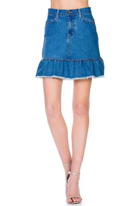 High Waisted A-line Ruffle Hem Denim Skirt