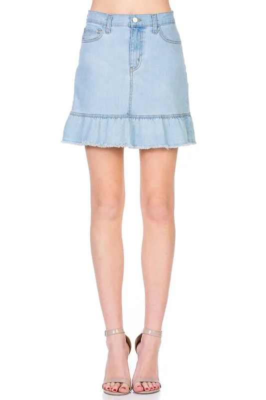 High Waisted A-line Ruffle Hem Denim Skirt