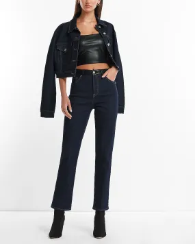 High Waisted Faux Leather Waistband Rinse Straight Ankle Jeans in Dark Wash