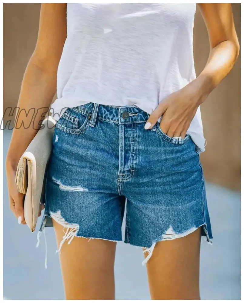 Hnewly Fashion Womens Pocket Short Jeans Buttons Hole Zipper High Waist Denim Shorts Female Summer Casual Solid Color Pants Streetwear