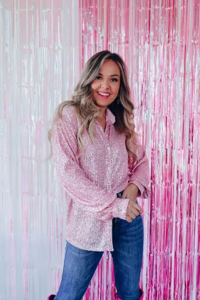 Illusions Sequin Button Down Shirt - Pink