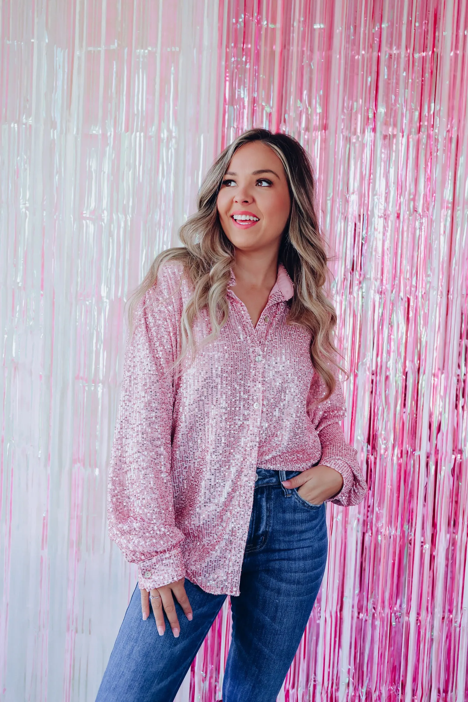 Illusions Sequin Button Down Shirt - Pink