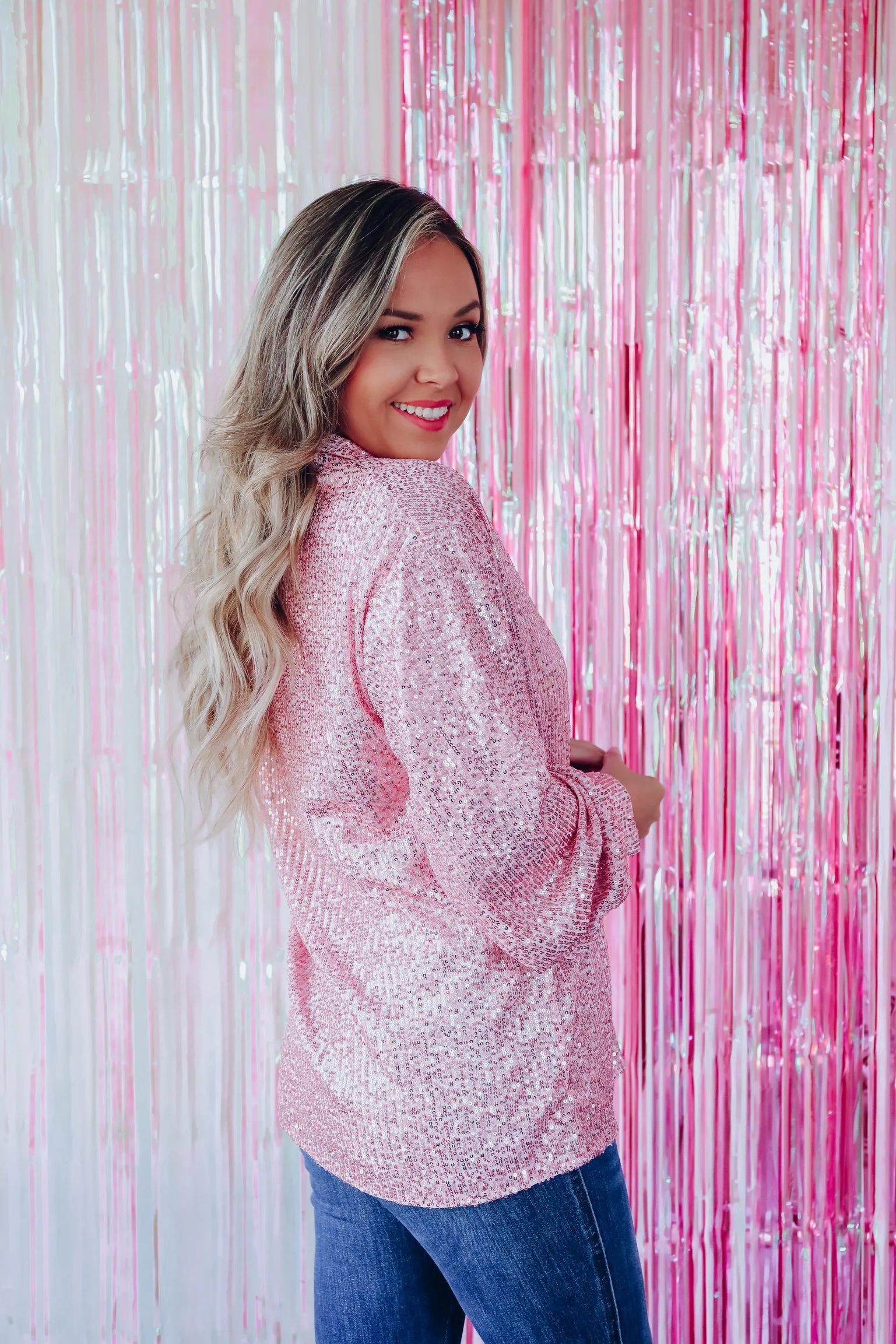 Illusions Sequin Button Down Shirt - Pink