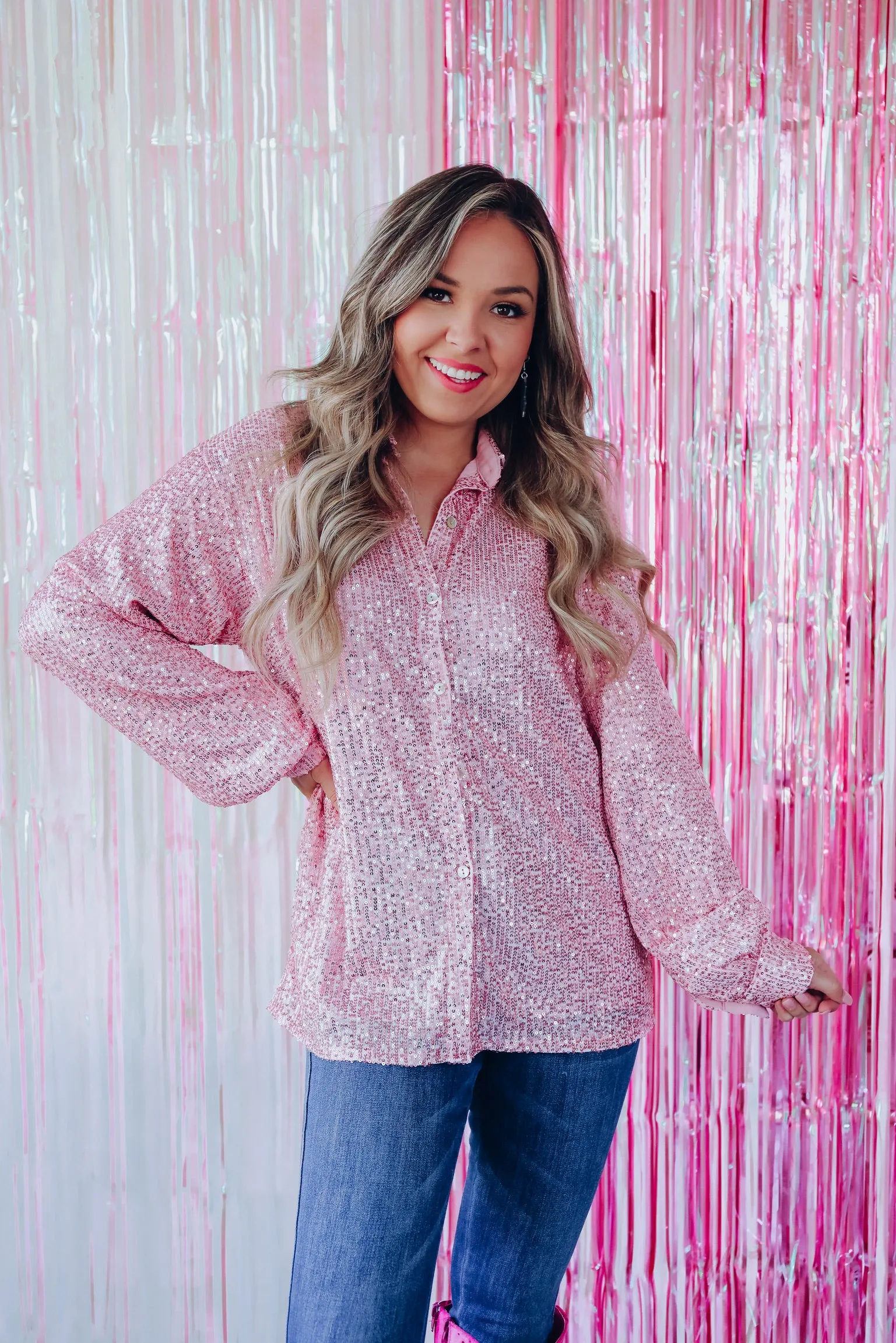 Illusions Sequin Button Down Shirt - Pink