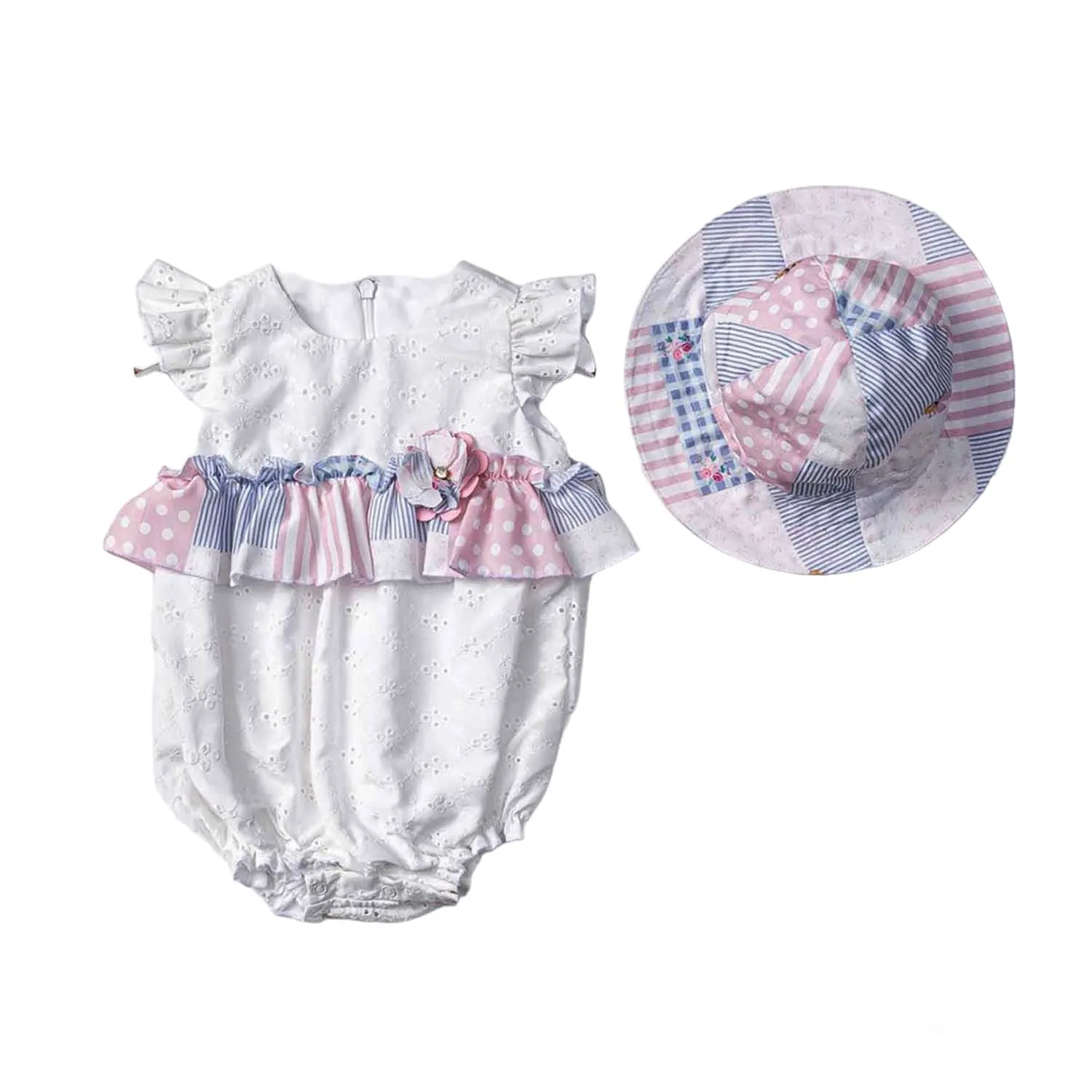 Infant Girl's 2-Piece Summer Romper with Flutter Sleeves & Bonus Matching Sun Hat