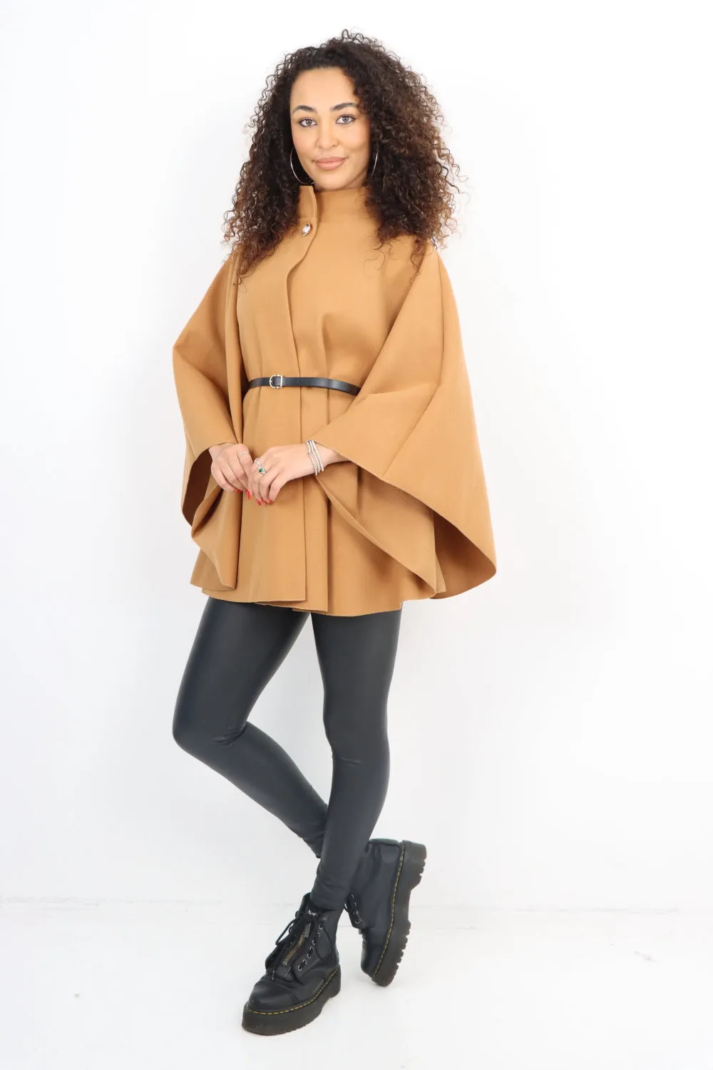 Italian CC Belted Heigh Neck Button Cape Coat