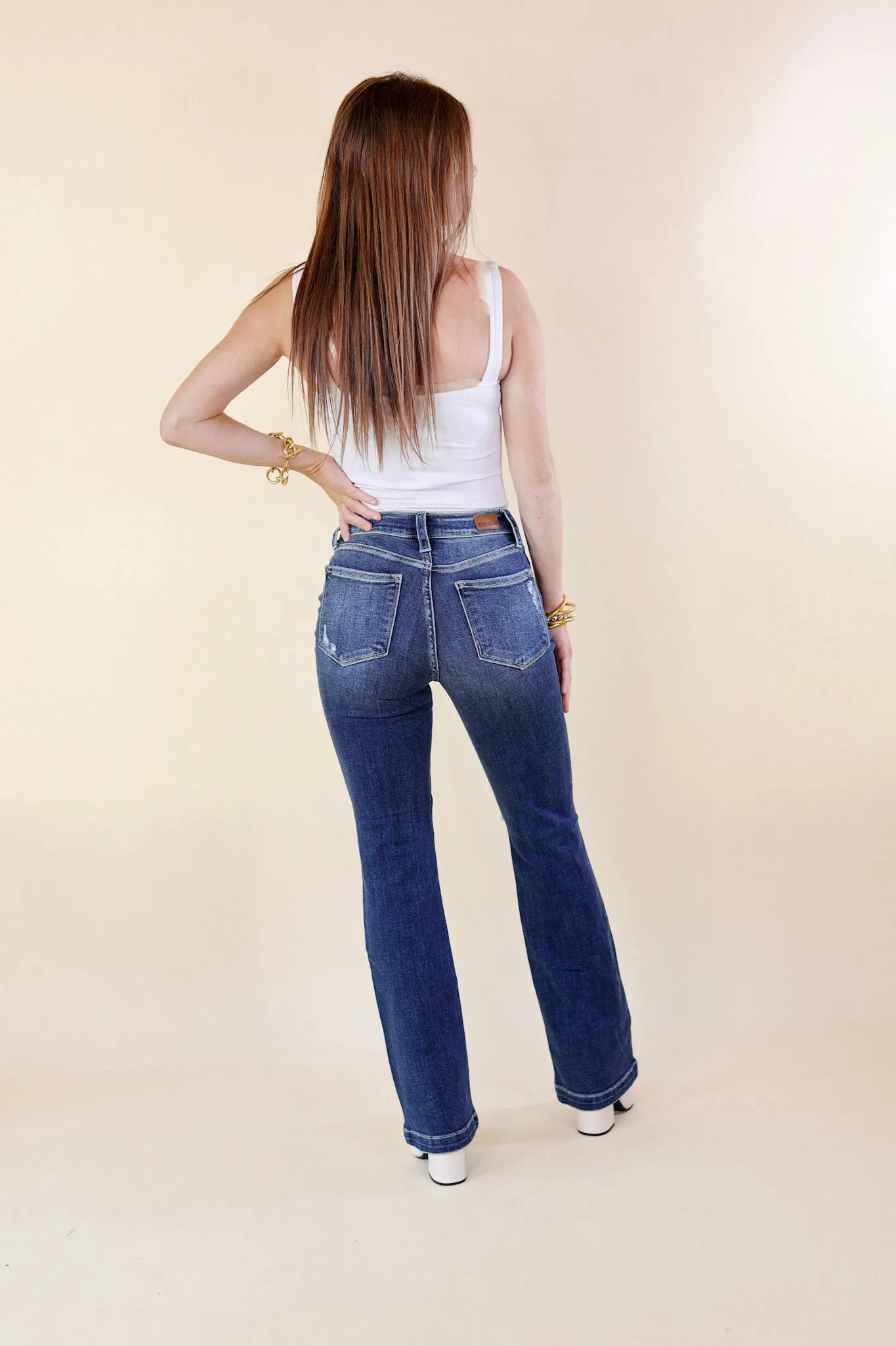 Last Chance Size 20W | Judy Blue | Mostly Magic Distressed Bootcut Jeans in Dark Wash