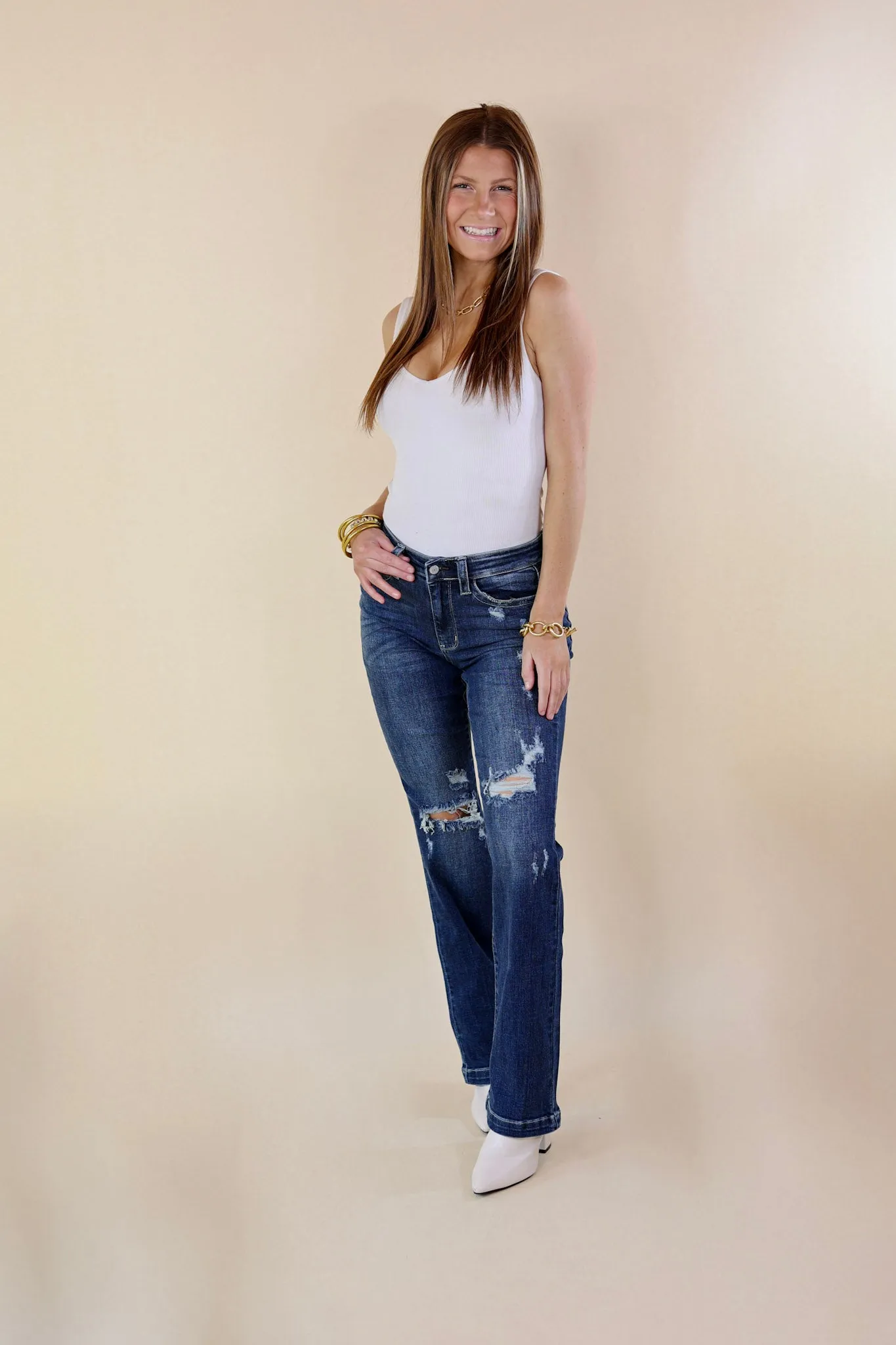 Last Chance Size 20W | Judy Blue | Mostly Magic Distressed Bootcut Jeans in Dark Wash