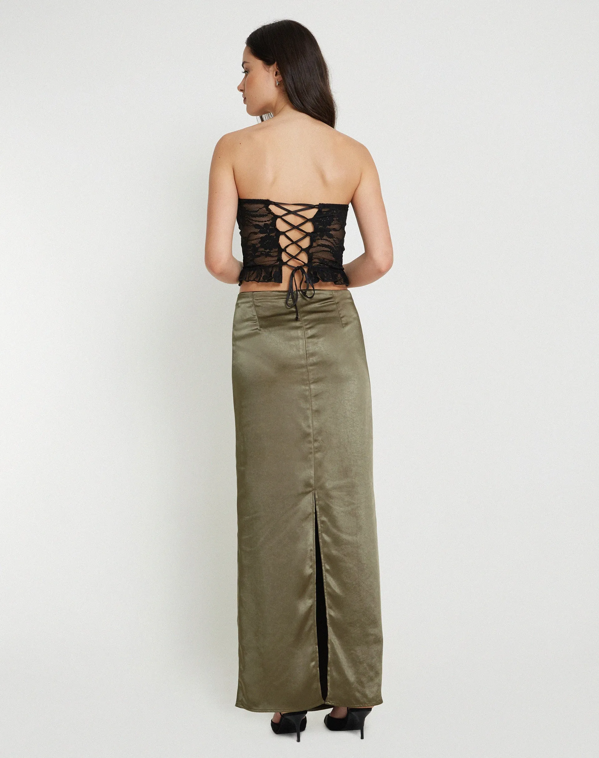 Layla Maxi Skirt in Satin Dark Olive