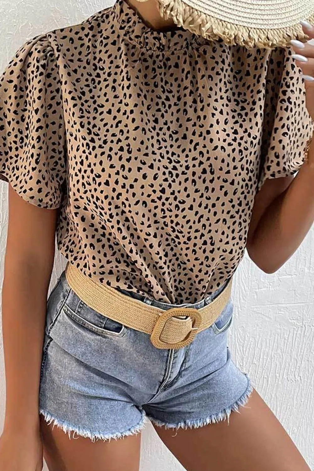 Leopard Ruffle Neck Puff Sleeve Blouse