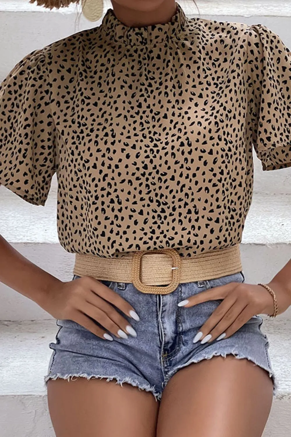 Leopard Ruffle Neck Puff Sleeve Blouse