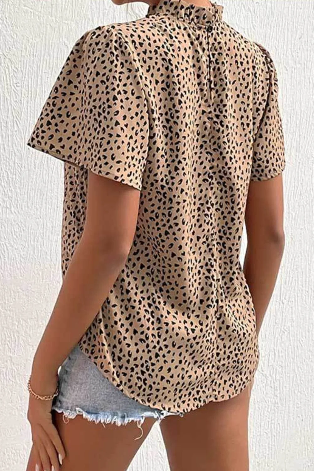 Leopard Ruffle Neck Puff Sleeve Blouse