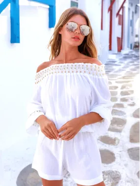 Lindsey Brown Positano Bardot Top White & Gold