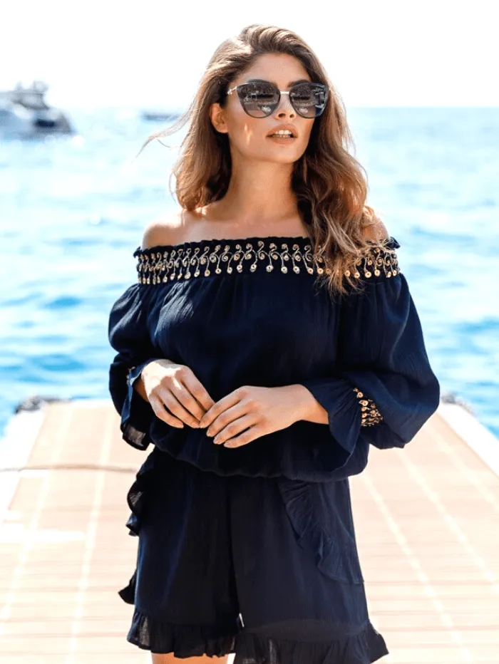 Lindsey Brown T Positano Bardot Top Black & Gold