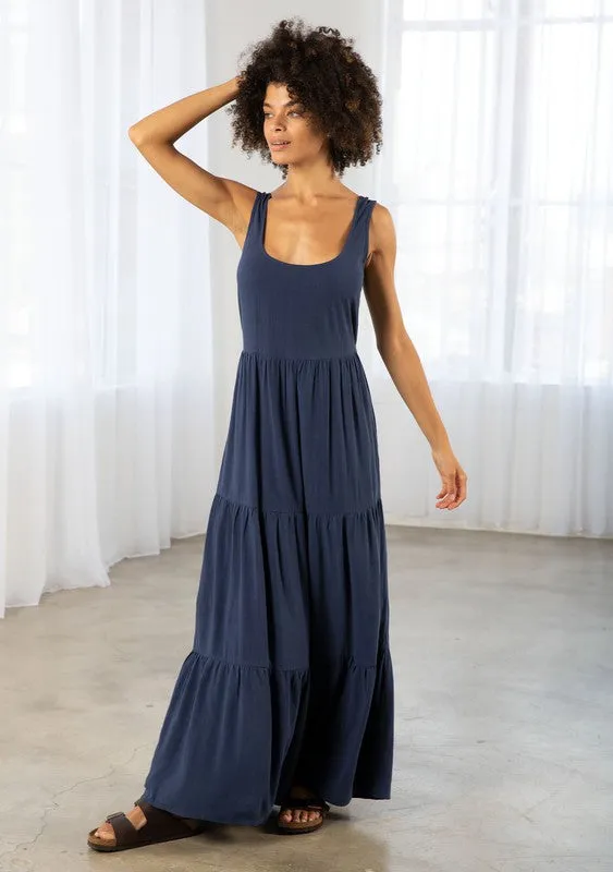 LINEN BLEND TIERED MAXI TANK DRESS (NAVY)