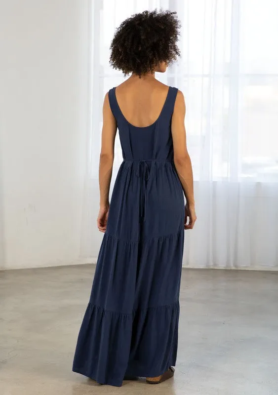 LINEN BLEND TIERED MAXI TANK DRESS (NAVY)