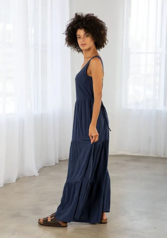 LINEN BLEND TIERED MAXI TANK DRESS (NAVY)