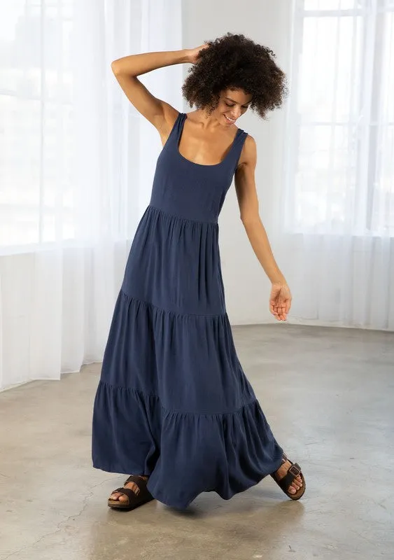 LINEN BLEND TIERED MAXI TANK DRESS (NAVY)