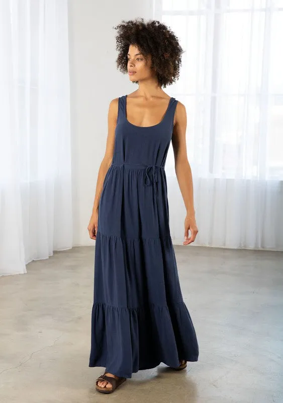 LINEN BLEND TIERED MAXI TANK DRESS (NAVY)