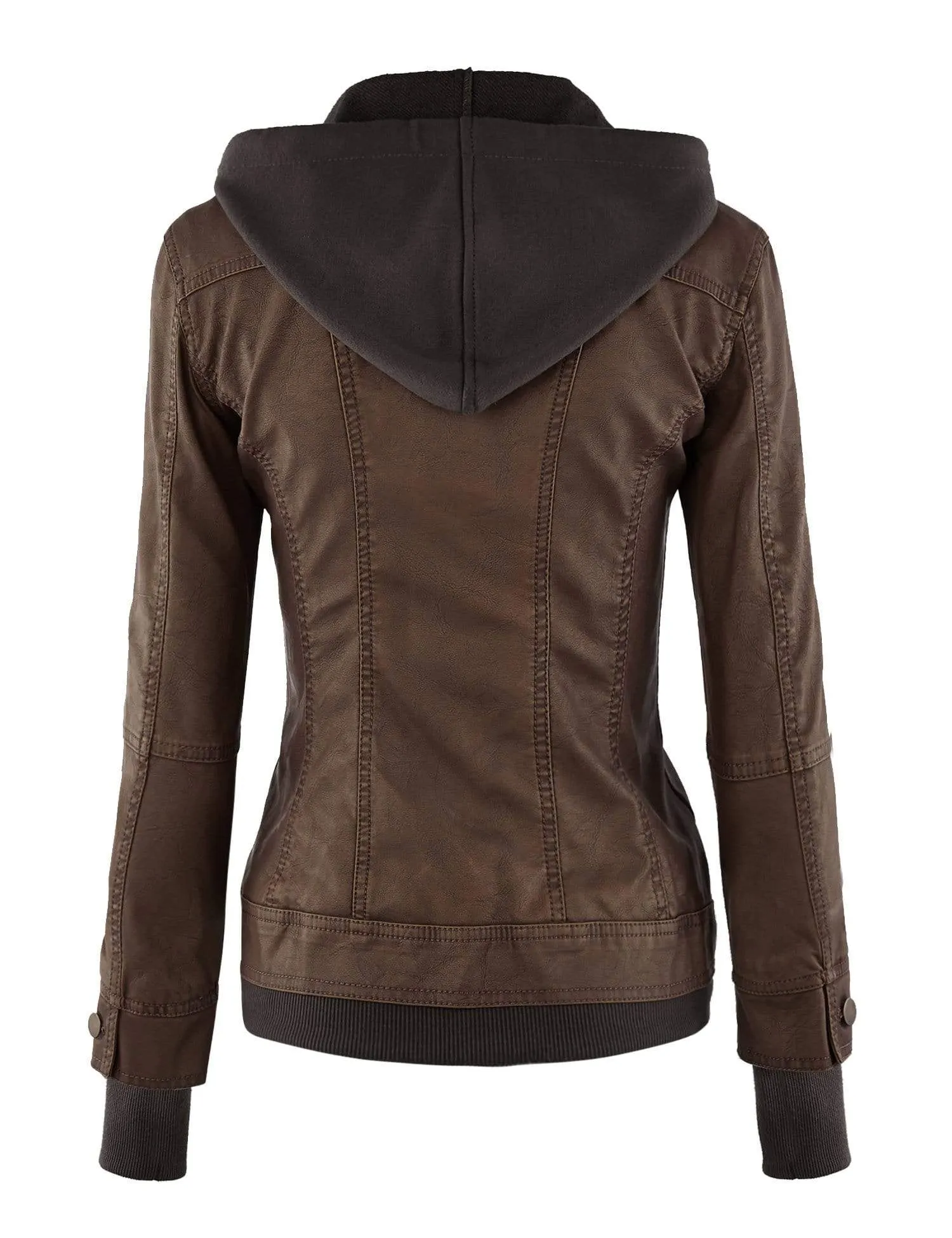 Made By Johnny MBJ Womens Faux Leather Motorcycle Jacket with Hoodie