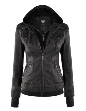 Made By Johnny MBJ Womens Faux Leather Motorcycle Jacket with Hoodie