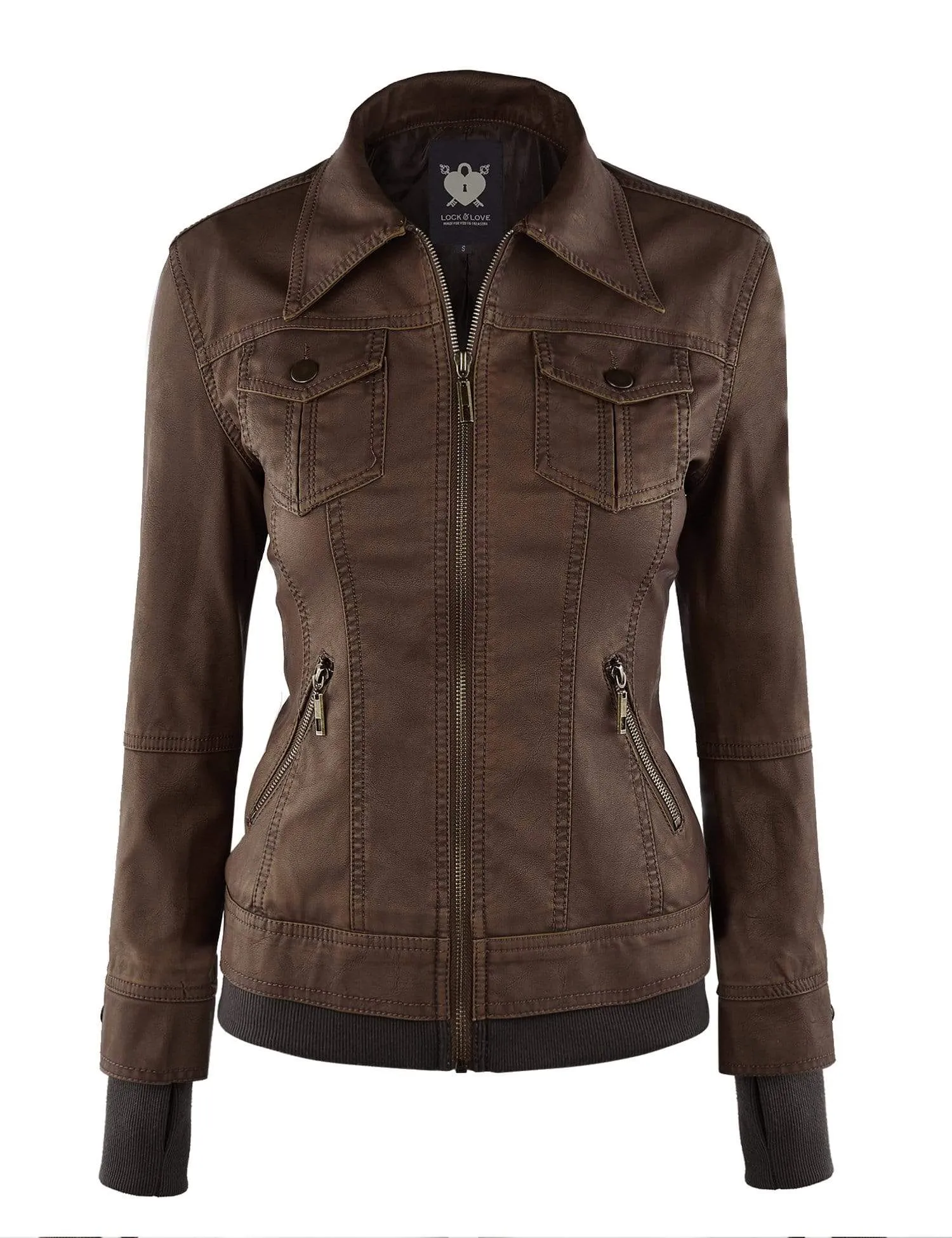 Made By Johnny MBJ Womens Faux Leather Motorcycle Jacket with Hoodie