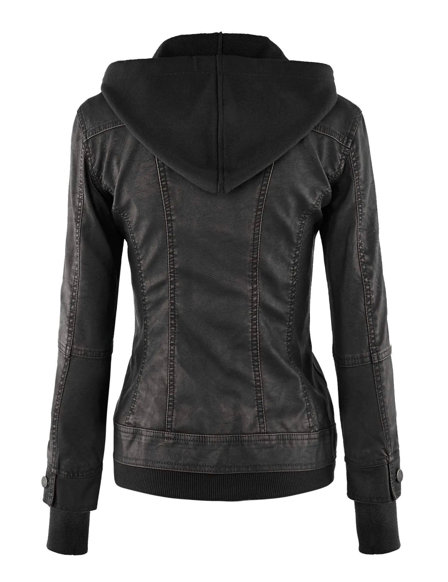 Made By Johnny MBJ Womens Faux Leather Motorcycle Jacket with Hoodie