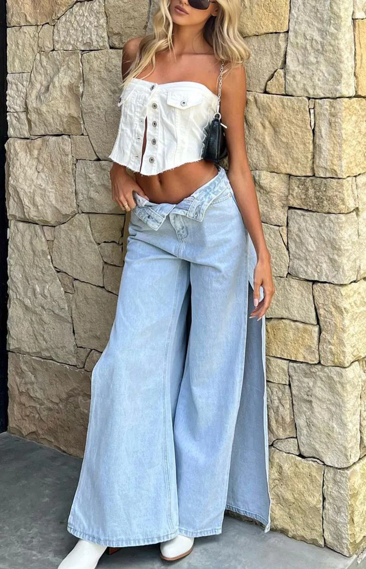 Marelle Light Denim Wide Leg Side Split Jeans