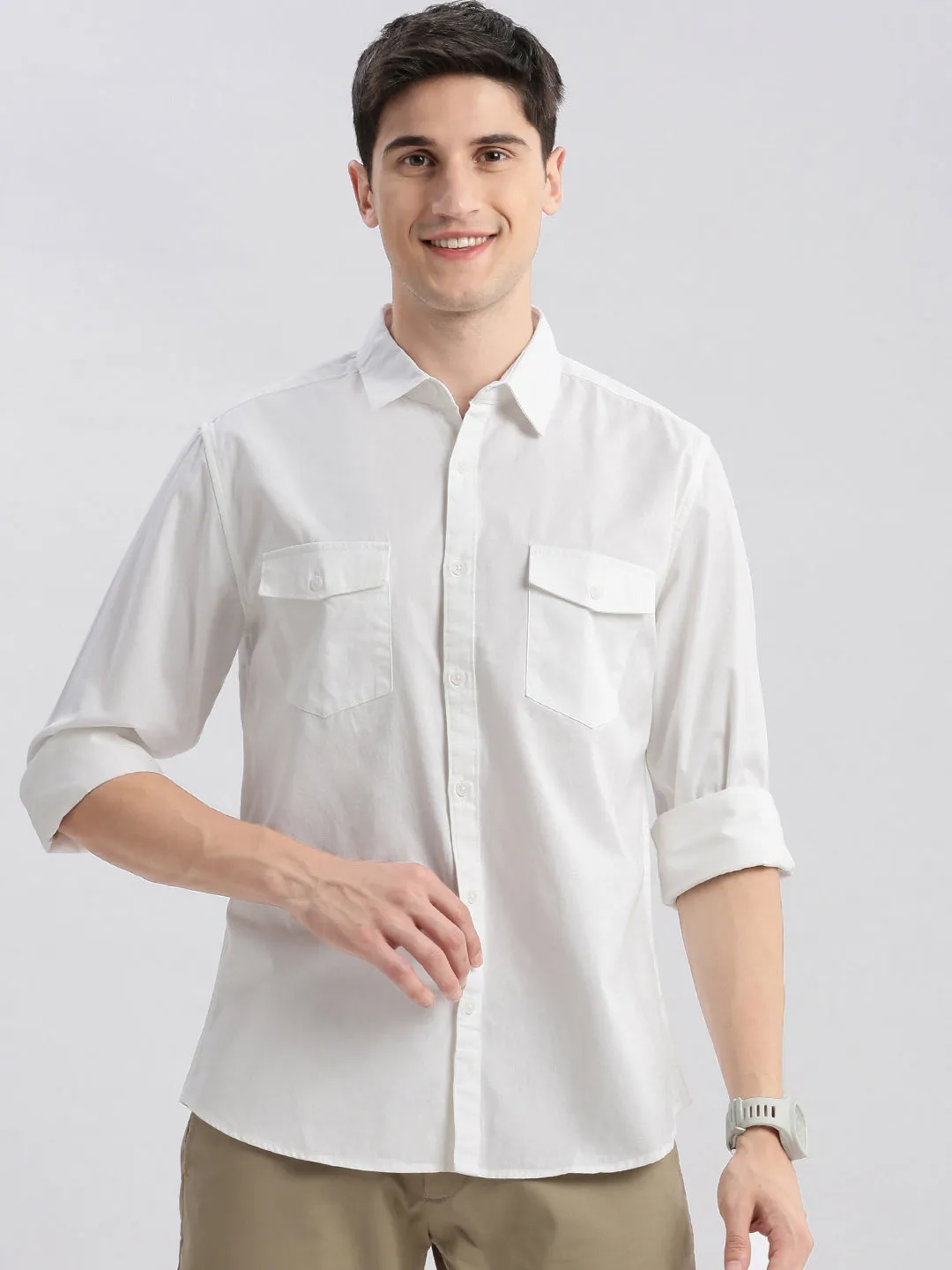 Men Spread Collar Solid White Shirt