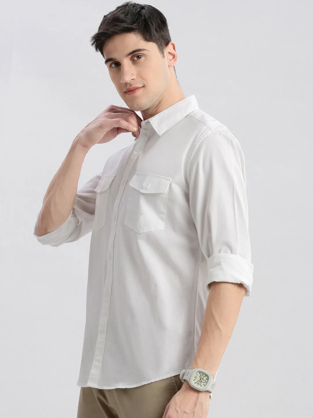 Men Spread Collar Solid White Shirt