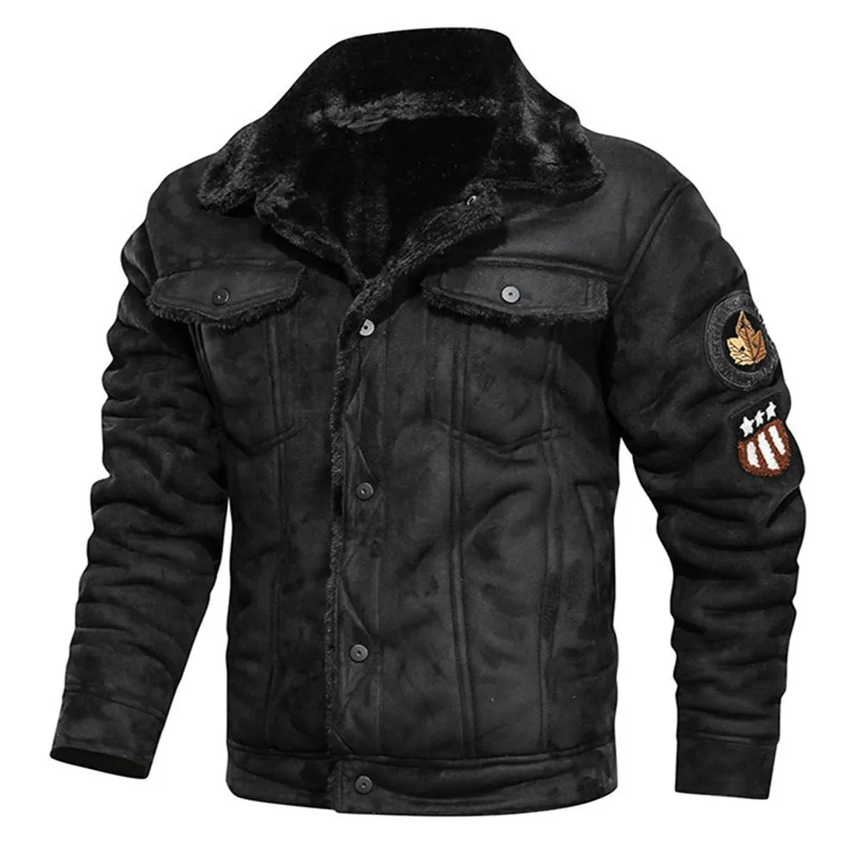 Men Vintage Distressed Black Biker Genuine Airforce Suede Sherpa Shearling Faux Fur Lined Motorcycle Rider Thick Warm Casual Classic Leather Jacket