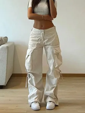 Mid Rise Plain Wide Leg Cargo Pants