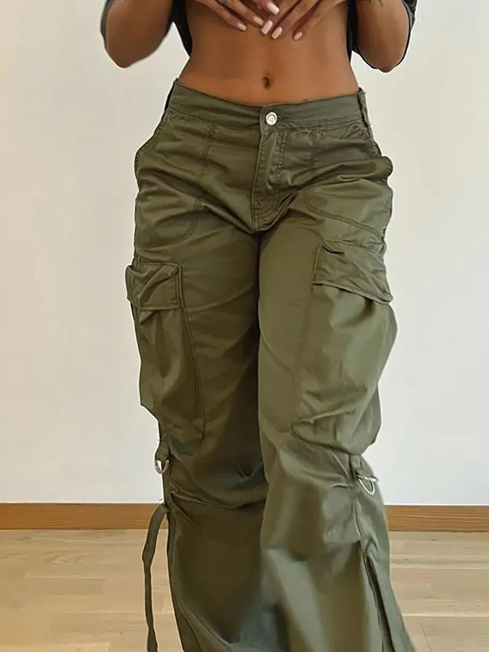 Mid Rise Plain Wide Leg Cargo Pants