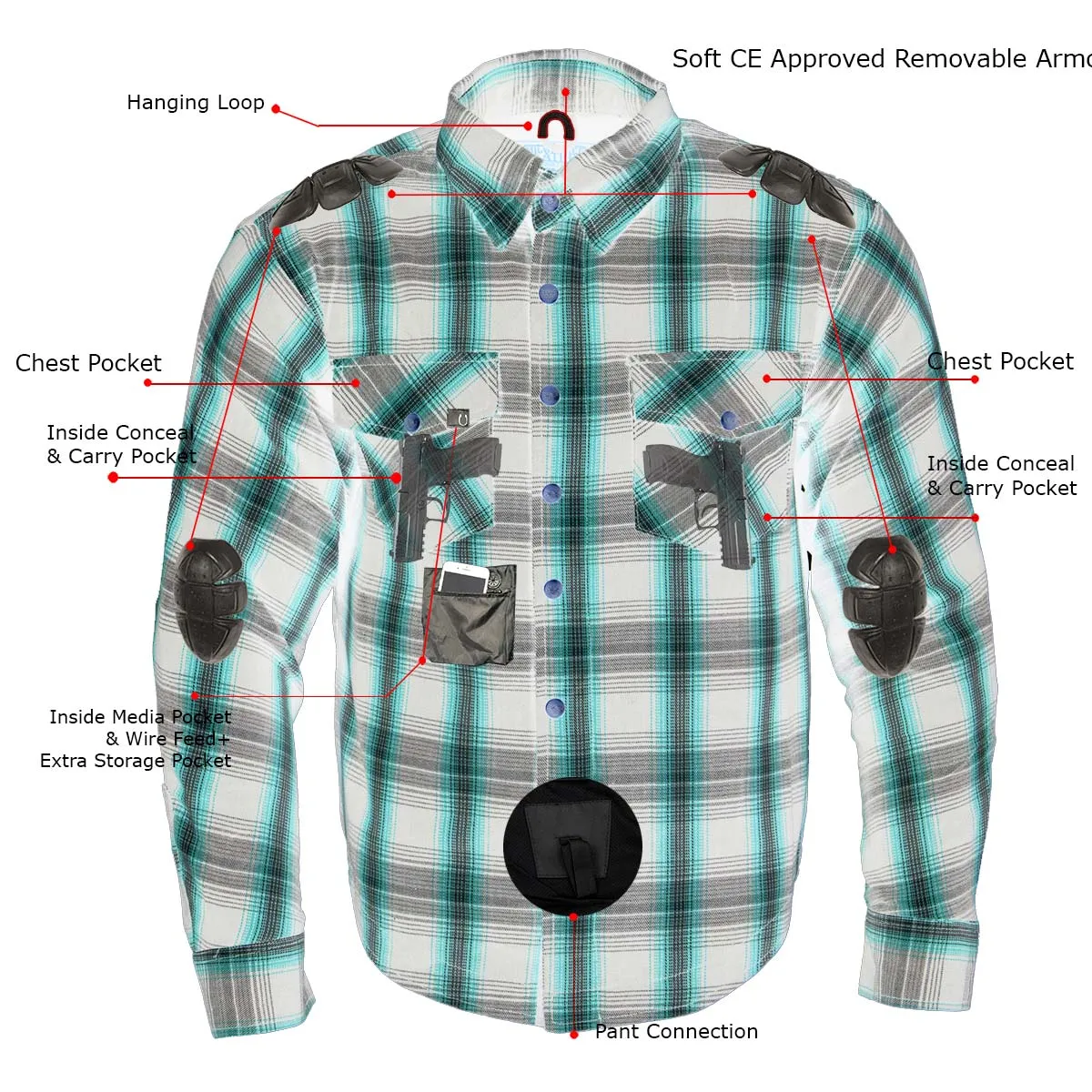 Milwaukee Leather MPM1625 Men's Plaid Flannel Biker Shirt with CE Approved Armor - Reinforced w/ Aramid Fibers