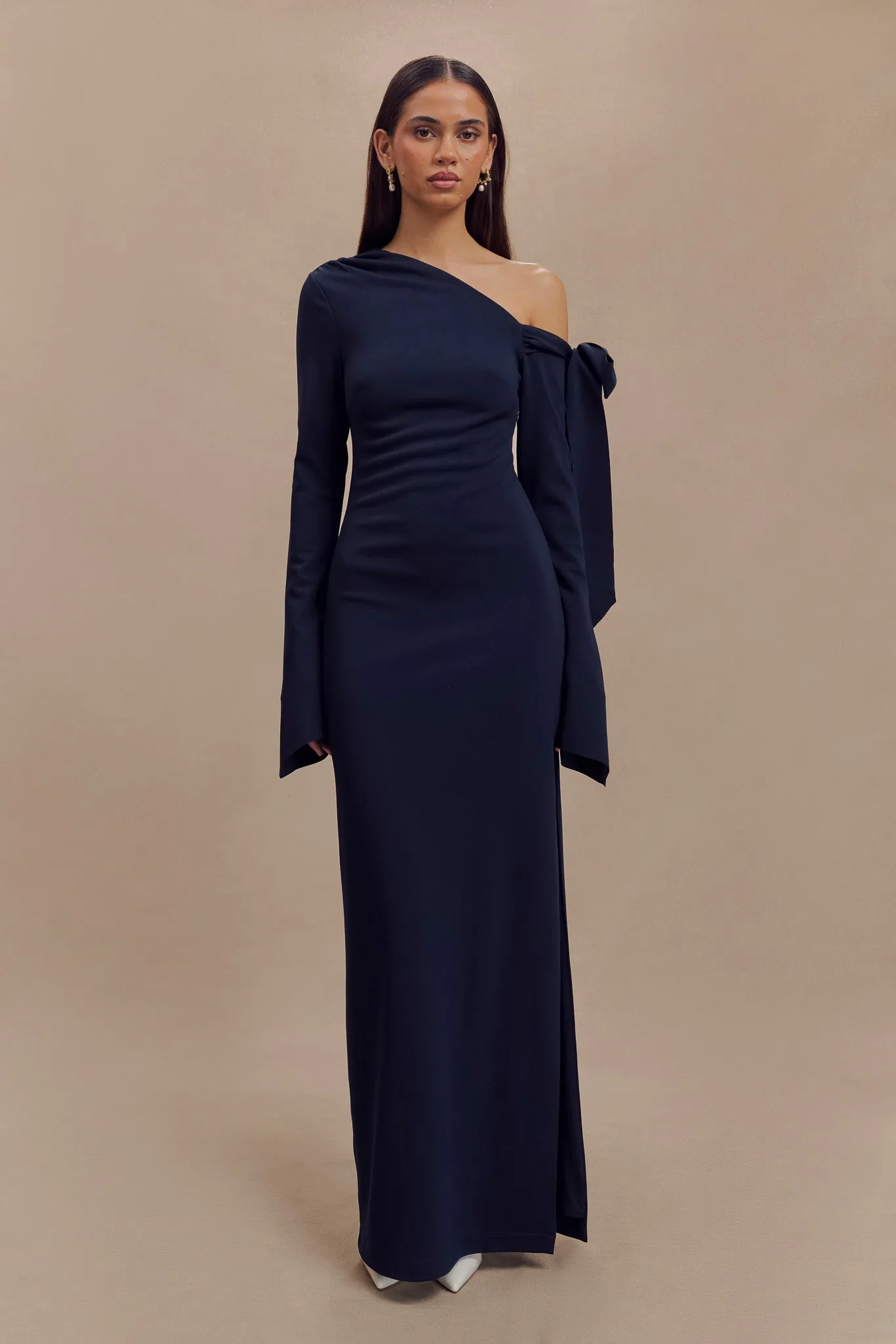 Nicola One Shoulder Crepe Maxi Dress - Dark Navy