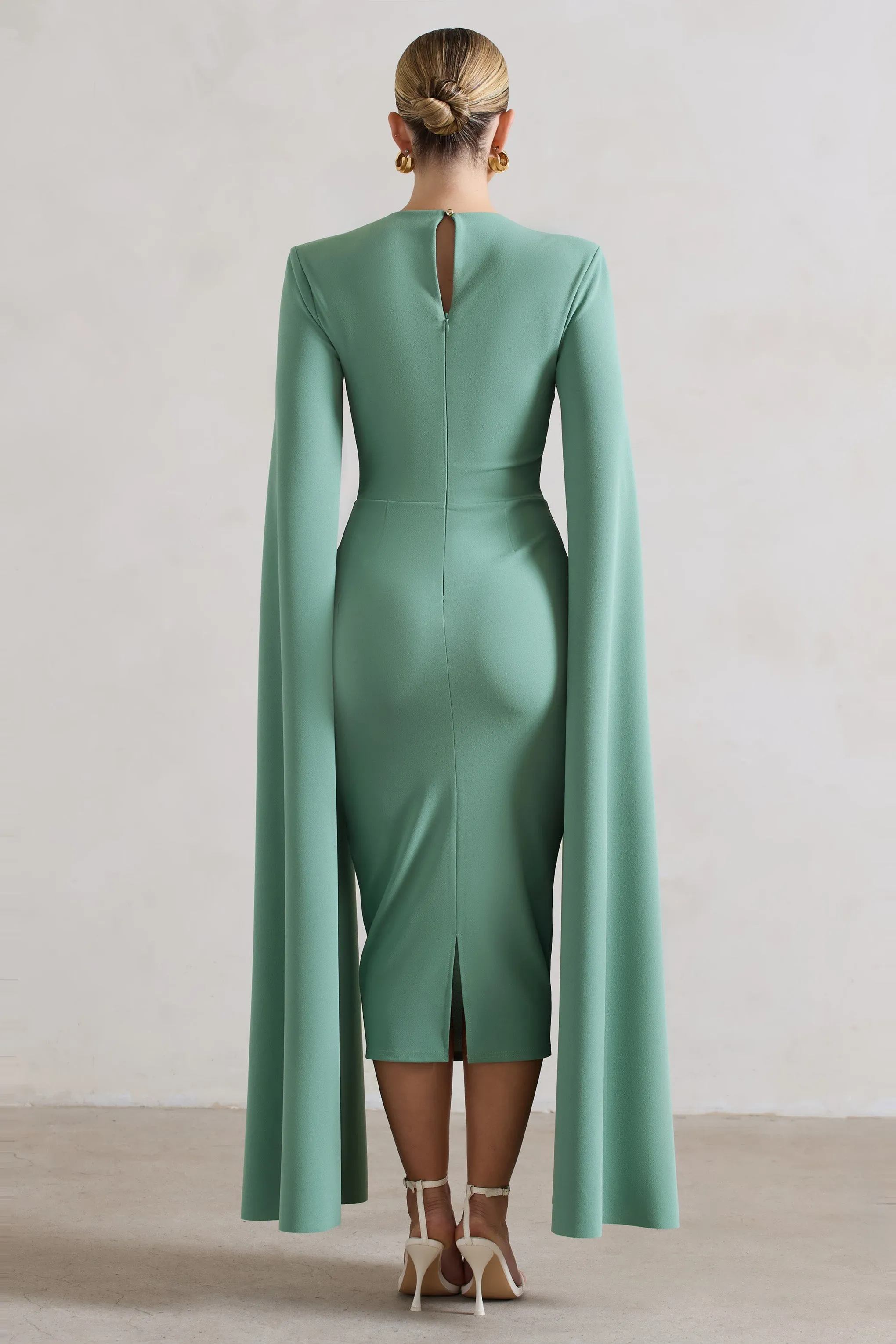 No Replacement | Sage Green Square-Neck Cape-Sleeve Midi Dress