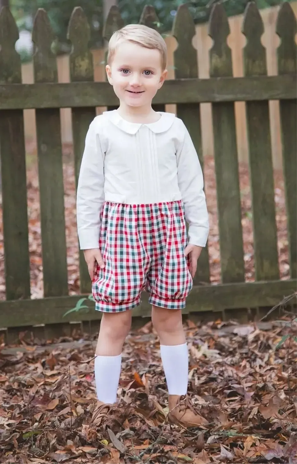 Noel Ivory, Red, and Green Pintucked Boy’s Romper