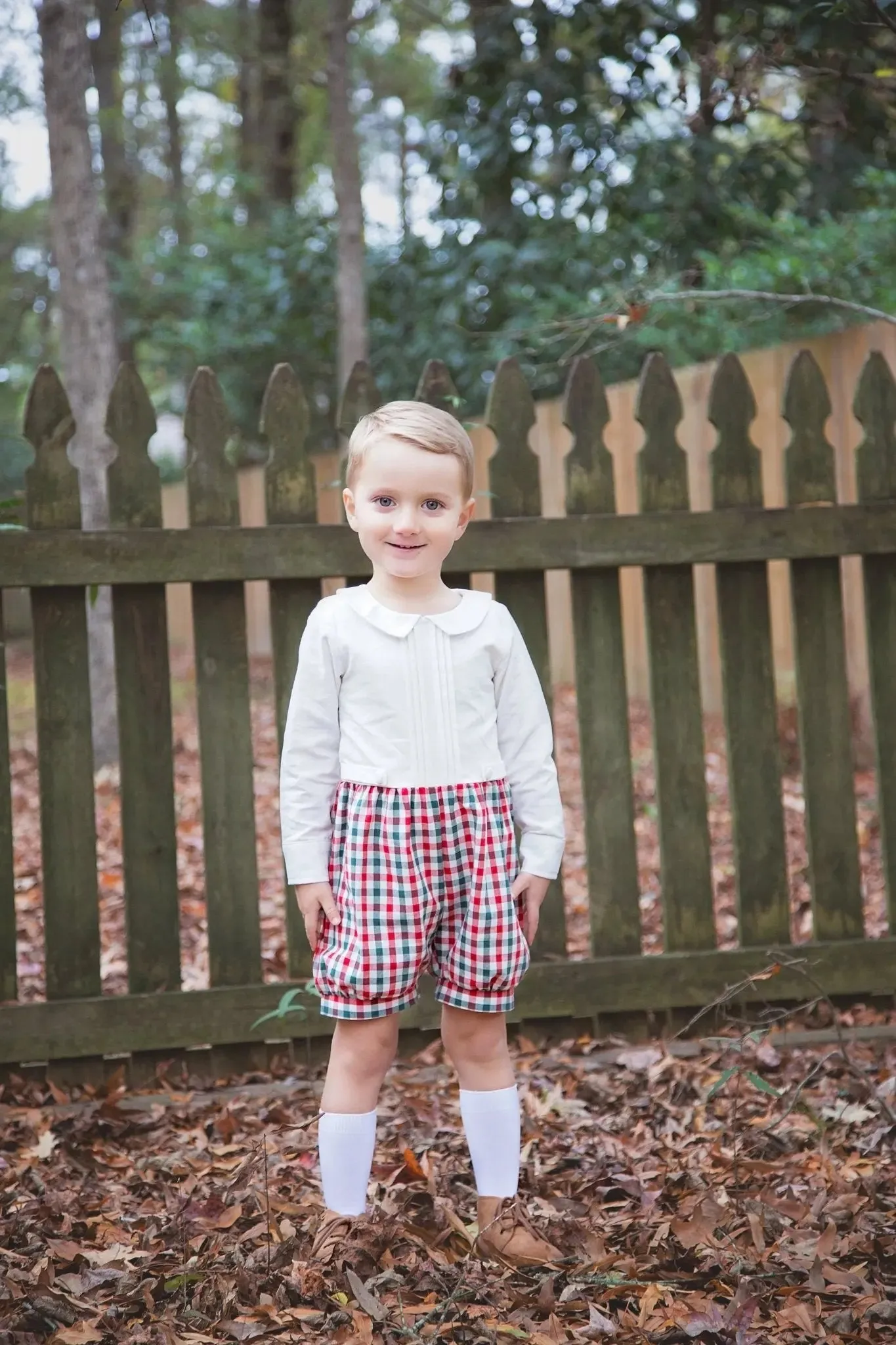 Noel Ivory, Red, and Green Pintucked Boy’s Romper