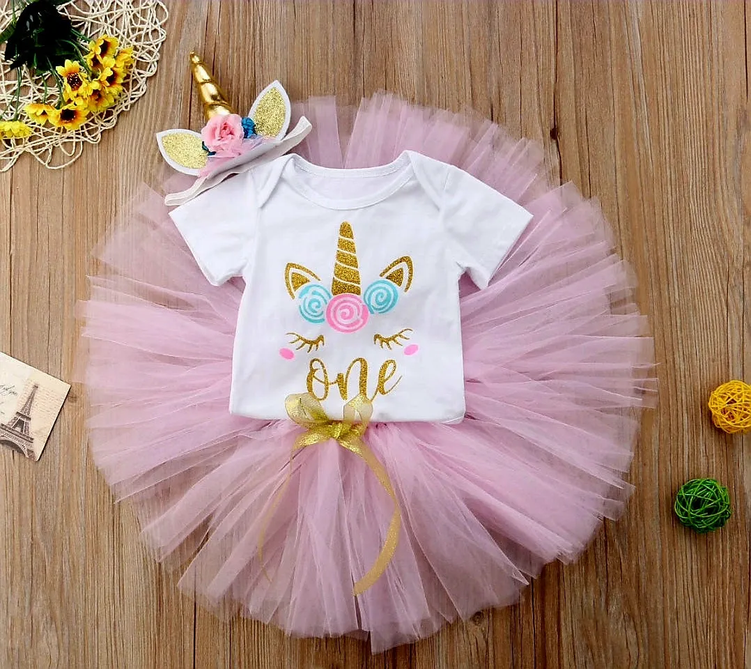 One Unicorn Birthday Romper with Tutu and Unicorn Headband  #1000931