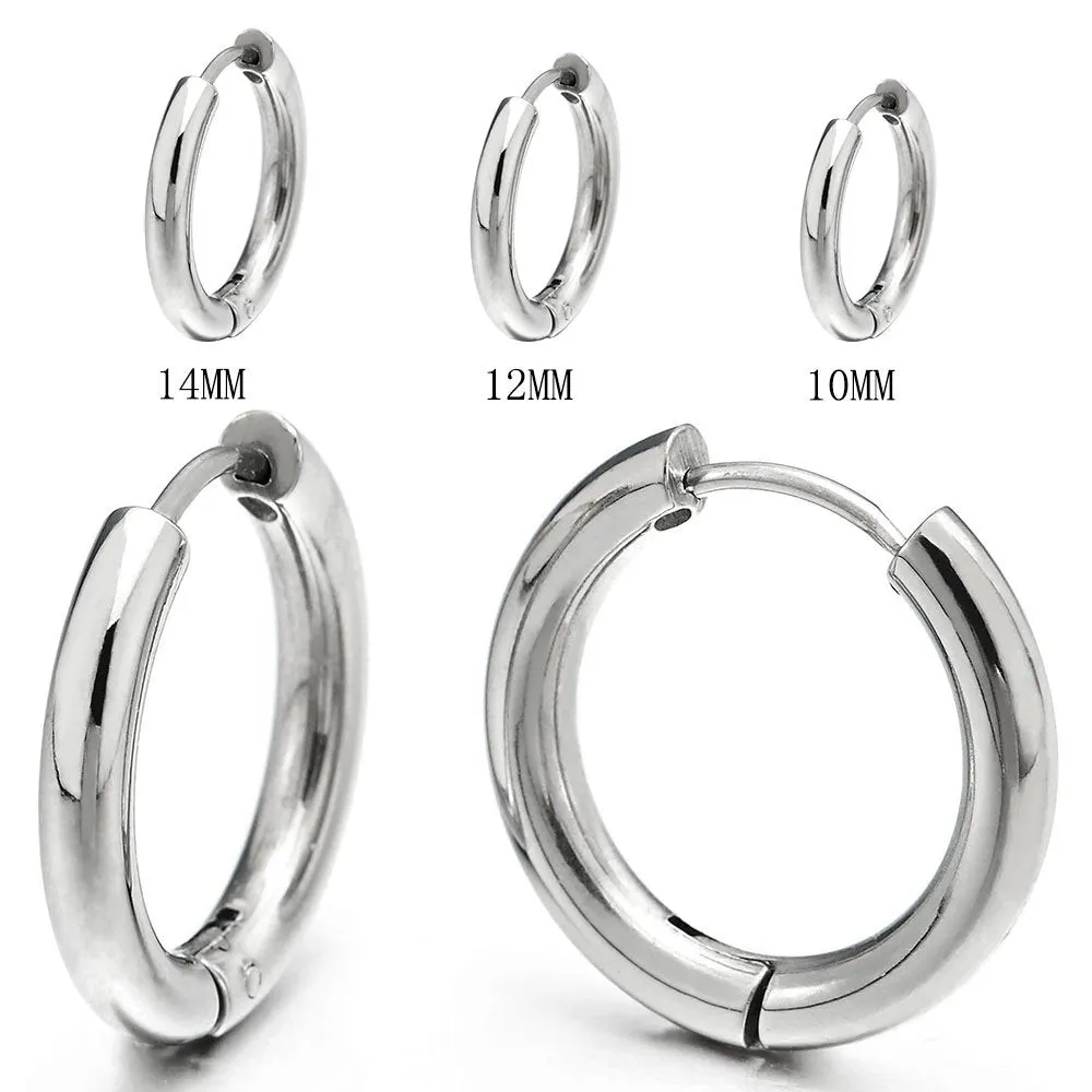 Pair Stainless Steel Plain Circle Huggie Hinged Hoop Earrings for Men Women